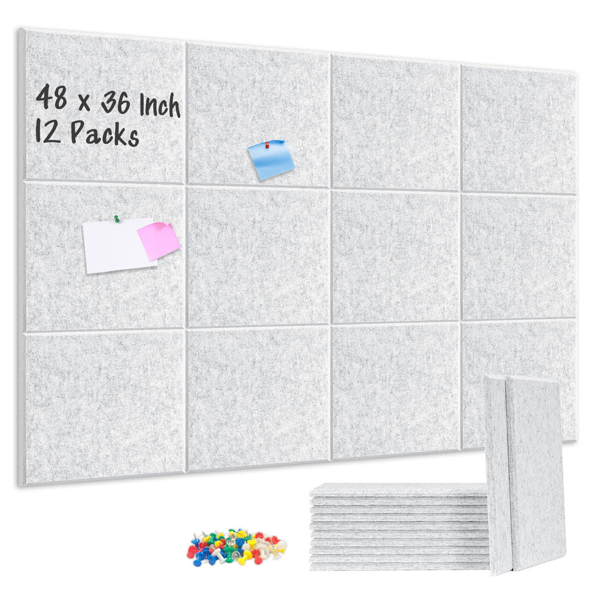 DOLLAR BOSS Felt Cork Board Tiles 48"x36" Bulletin Board, 12 Pcs Light Grey