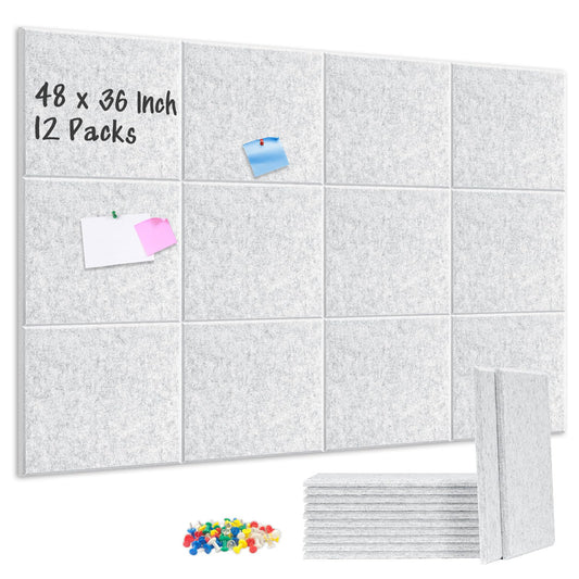 DOLLAR BOSS Felt Cork Board Tiles 48"x36" Bulletin Board, 12 Pcs Light Grey