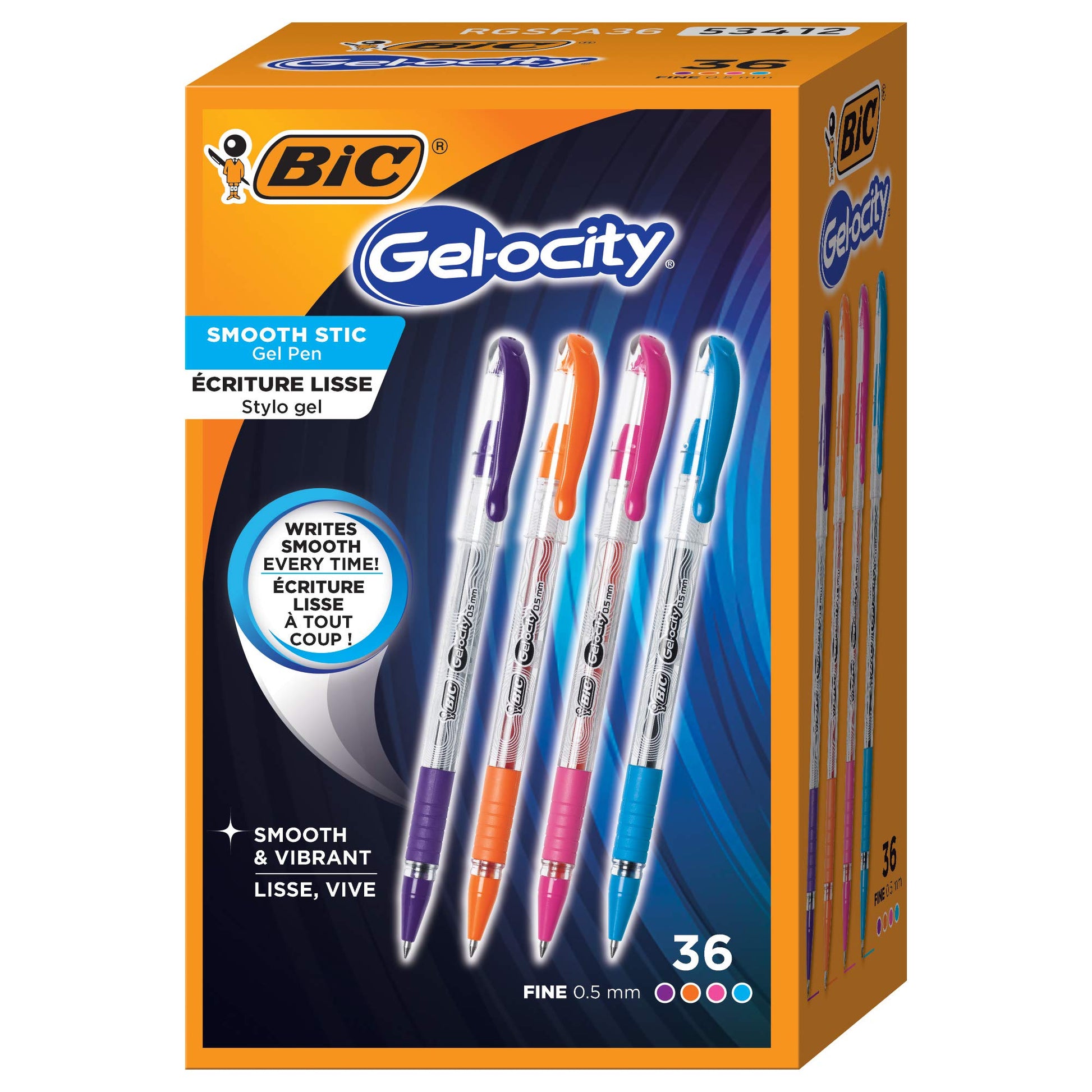 BIC Gel-ocity Smooth Stic Gel Pen, Fine Point, 0.5mm, 36-Count Assorted