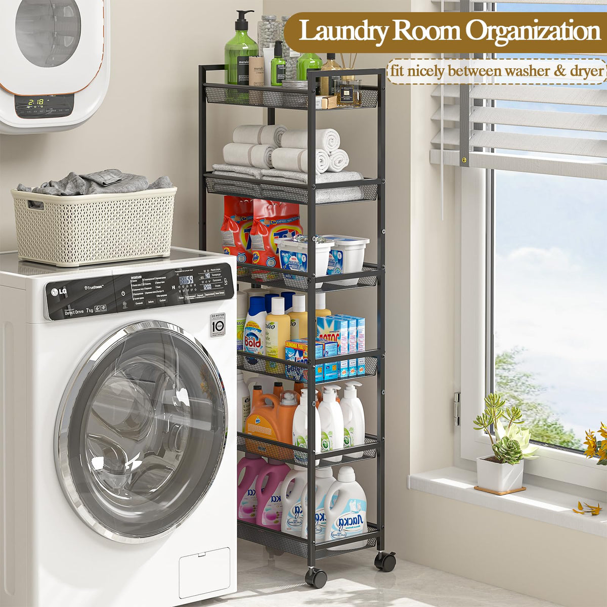6 Tier Slim Rolling Storage Cart, Narrow Mobile Shelving Unit Organizer Utility Cart with Wheels