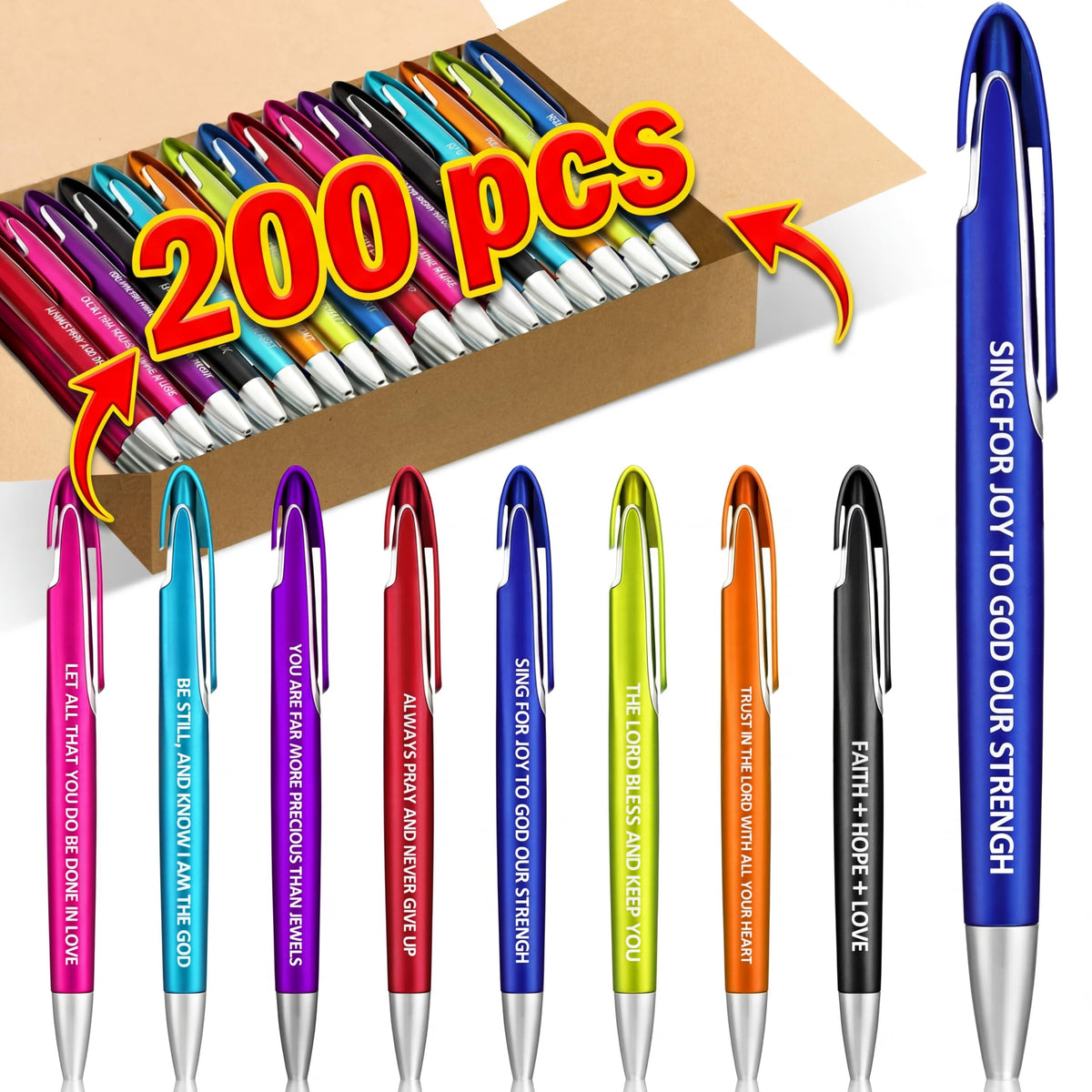 Lincia 200 Pcs Positive Theme Ballpoint Pens Bulk, Medium Point, Black Ink