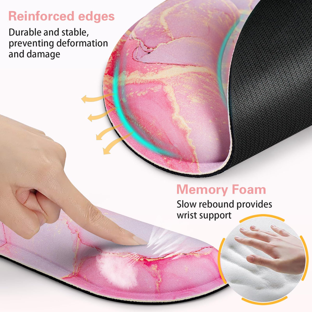 Mouse Pad with Wrist Rest Pink, 3-in-1 Wrist Support Mousepad Set,