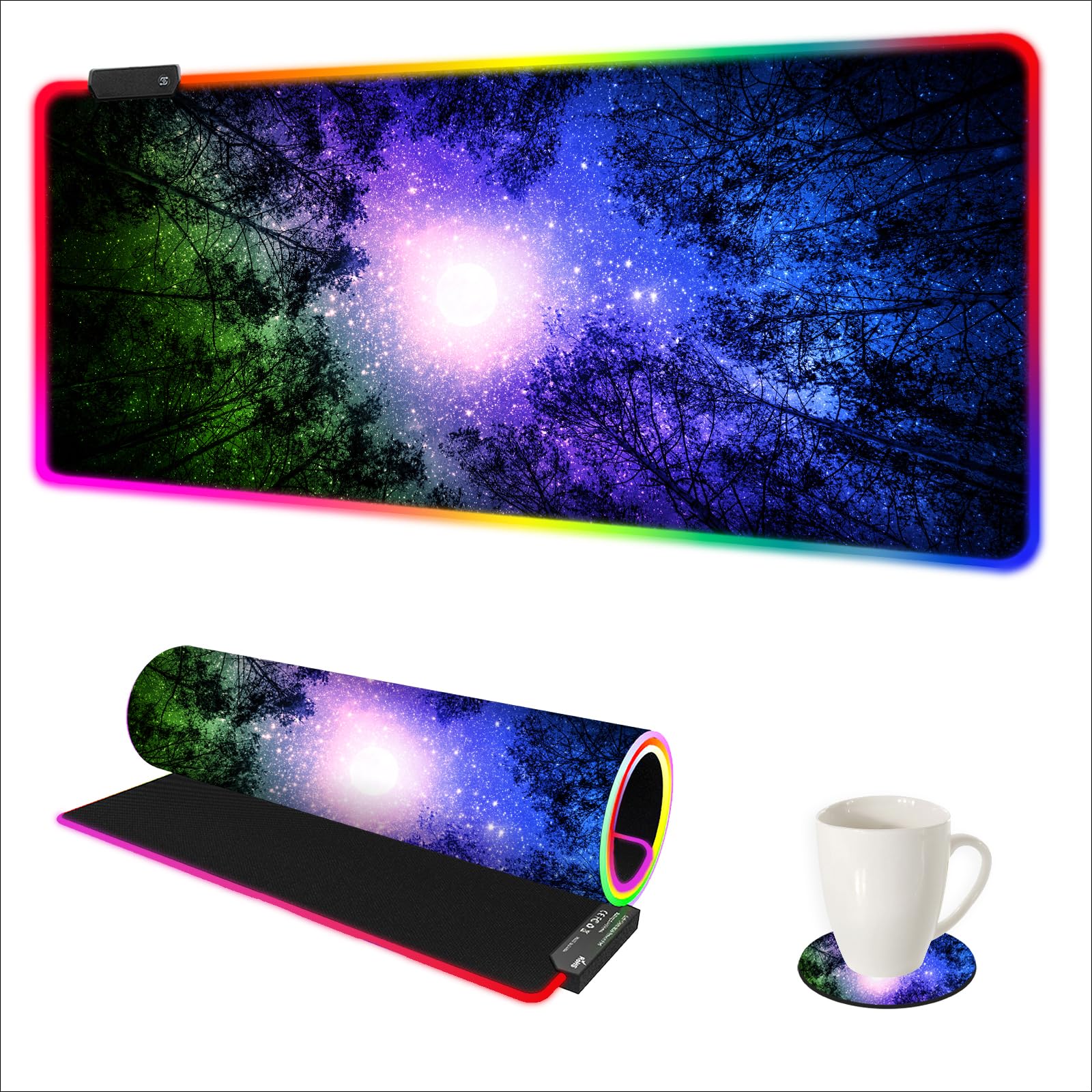 ARTSO Gaming Mouse Pad RGB Starry Sky, Forest Large Mousepad with Non-Slip Rubber Base, Cool XXL