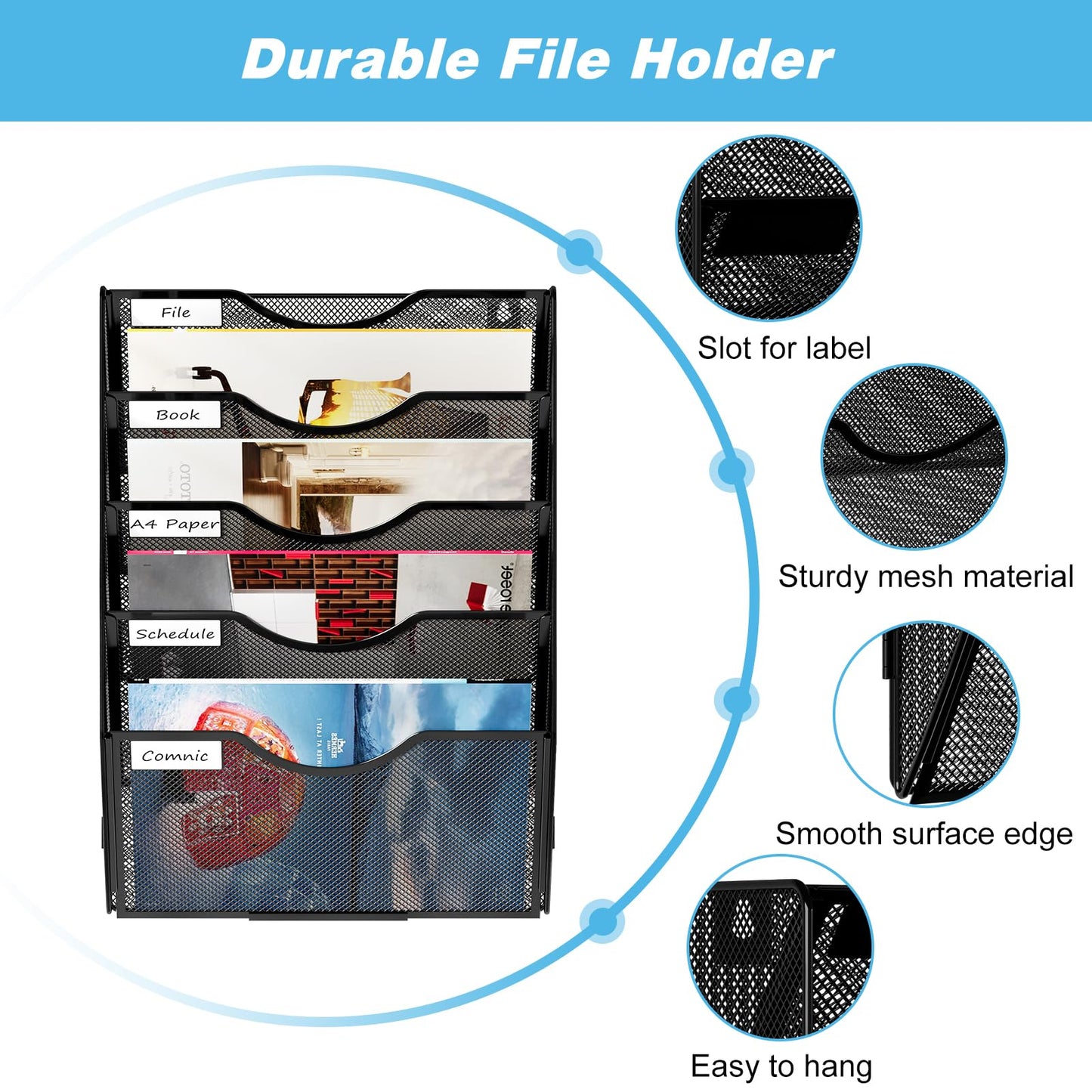 Solinxe Wall Hanging File Holder 5 Pocket Wall Mounted Paper Organizer Magazine File Holder Storage