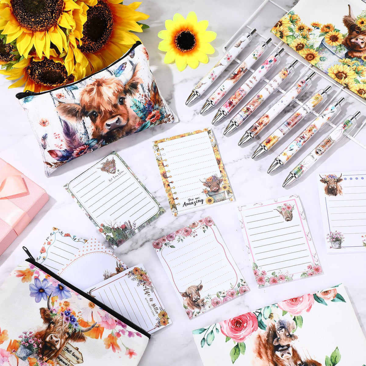 Eaasty 20 Pieces Highland Cow Gift Set Sticky Notes with Pens, Pencil Bags Makeup Bags Animal Lover