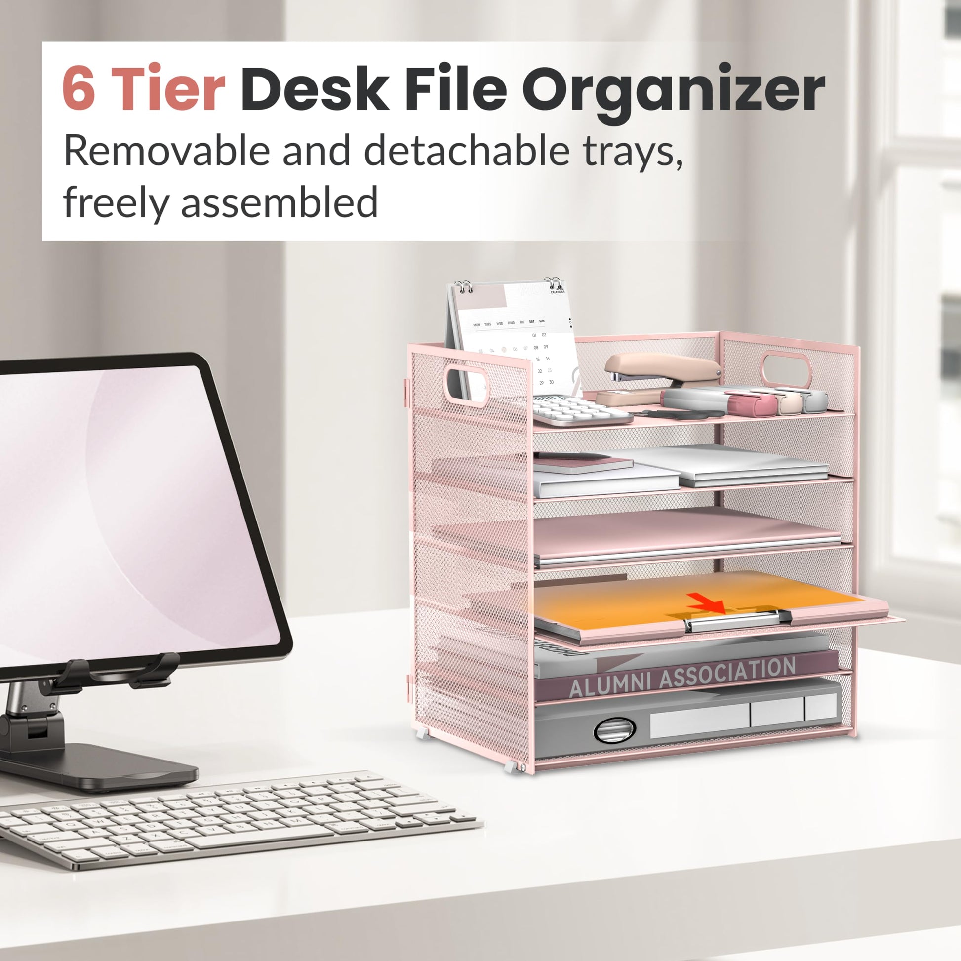 Daltack 6-Tier Paper Organizer for Desk with Handle, Pink