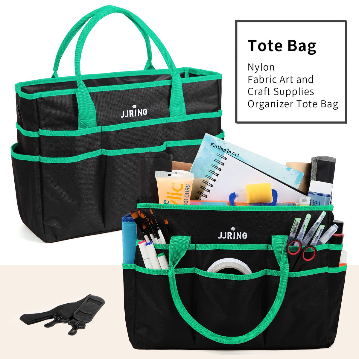 JJRING Large 600D Nylon Artist Organizer Tote Bag With 16 Pockets, Green