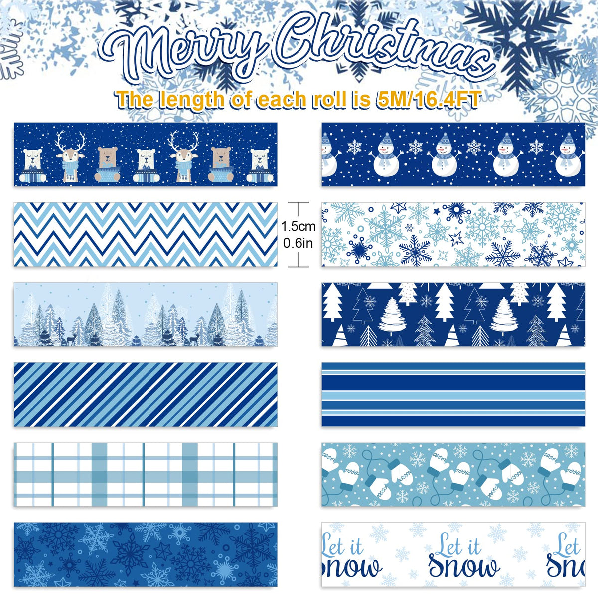 Whaline 12 Rolls Winter Washi Tape Blue White Snowflake Snowman Holiday Masking Tape Xmas Tree