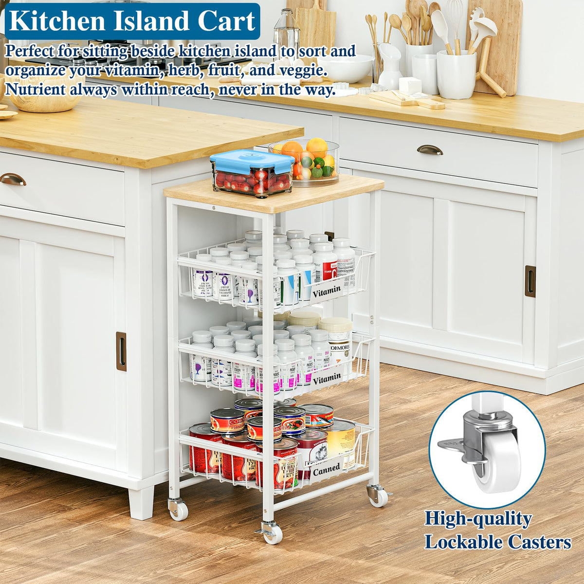 OKZEST 4-Tier Kitchen Storage Cart with 3 Upgraded Drawer Basket & Wood Top