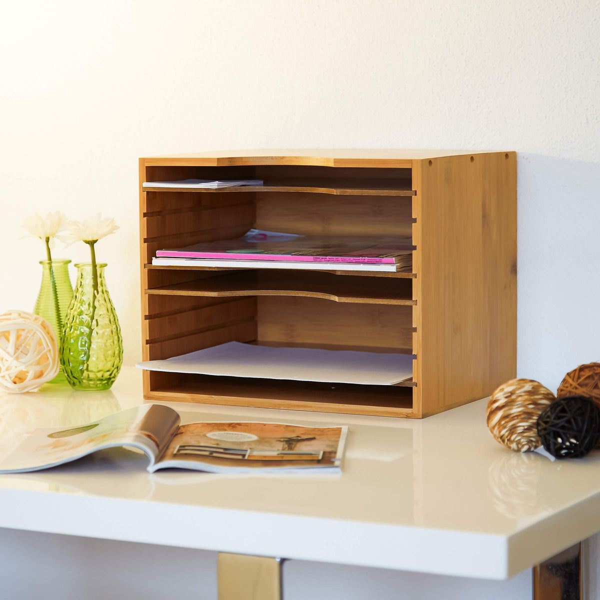Relaxdays Bamboo File Holder, Size: 26.5 x 33.5 x 24.5 cm Storage System Desk Organizer Document