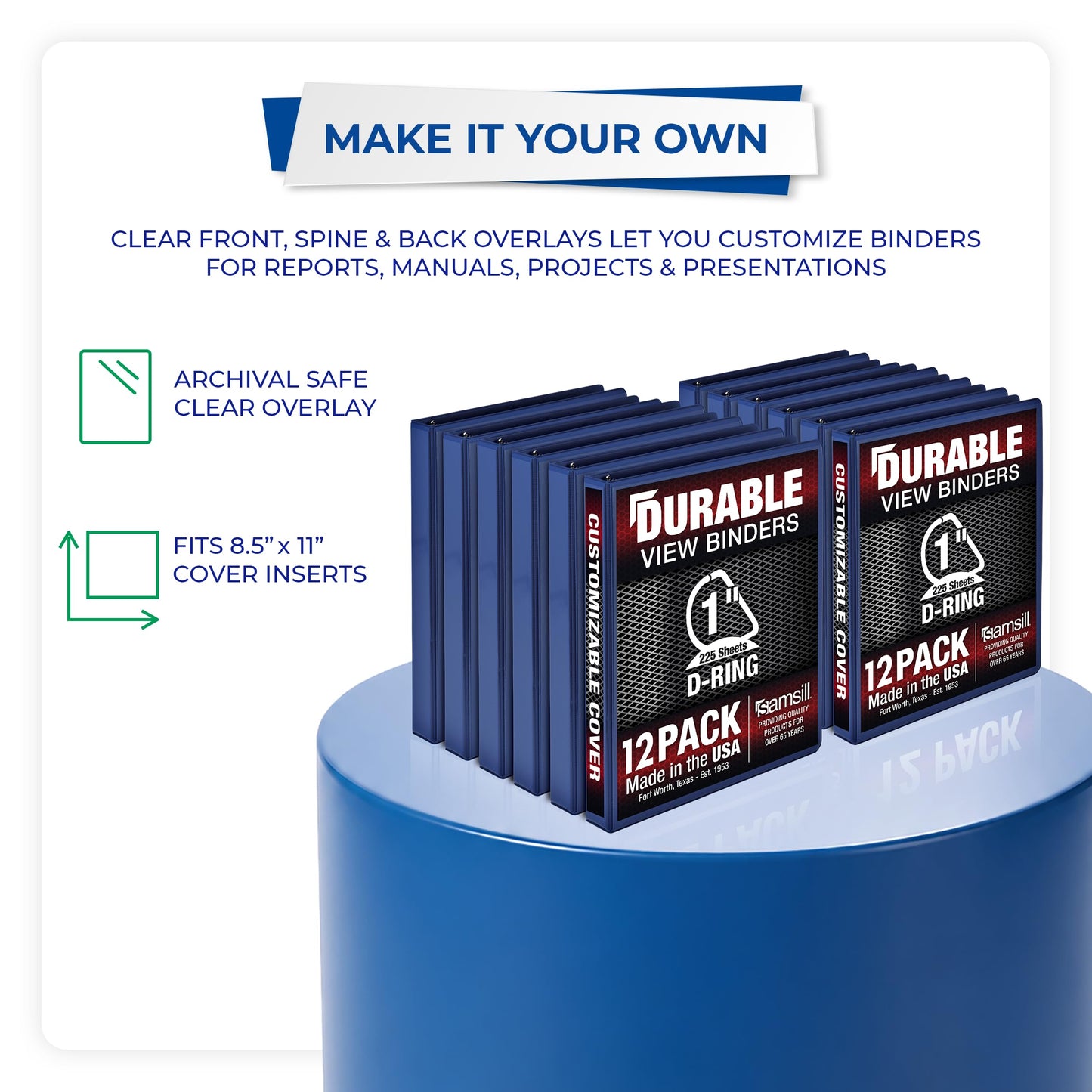 Samsill Durable 1 inch 3 Ring Binder, D Ring Binder, 100% Recycled Chipboard, Blue, 12 Pack