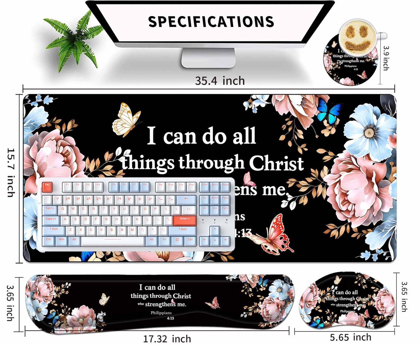 Extended Large Mouse Pad Set 31.5 x 15.7 – Christian Floral All-in-One Desk Set with Keyboard Wrist
