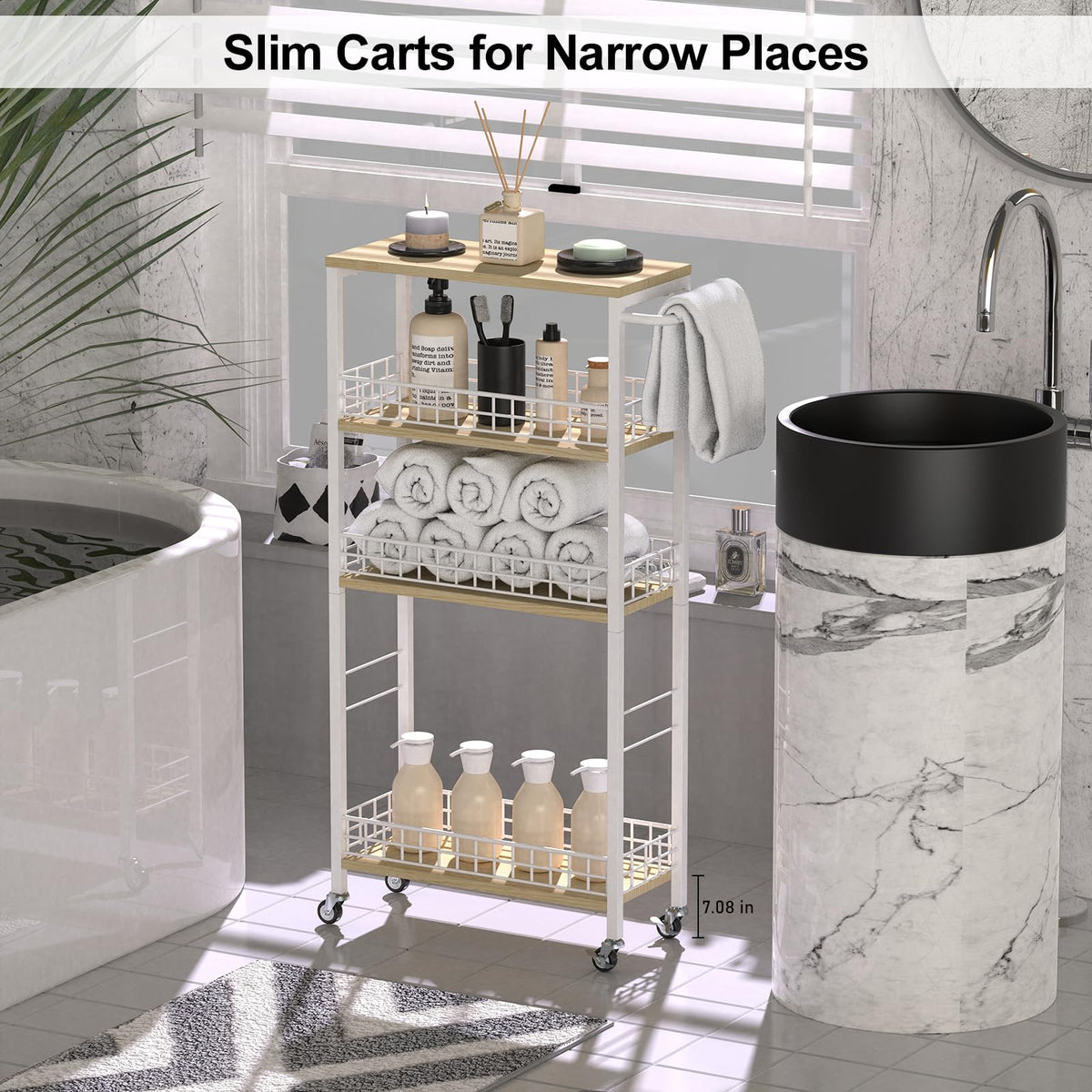 NOVIMANGO Slim Storage Cart White 4 Tier Rolling Cart with Wheels