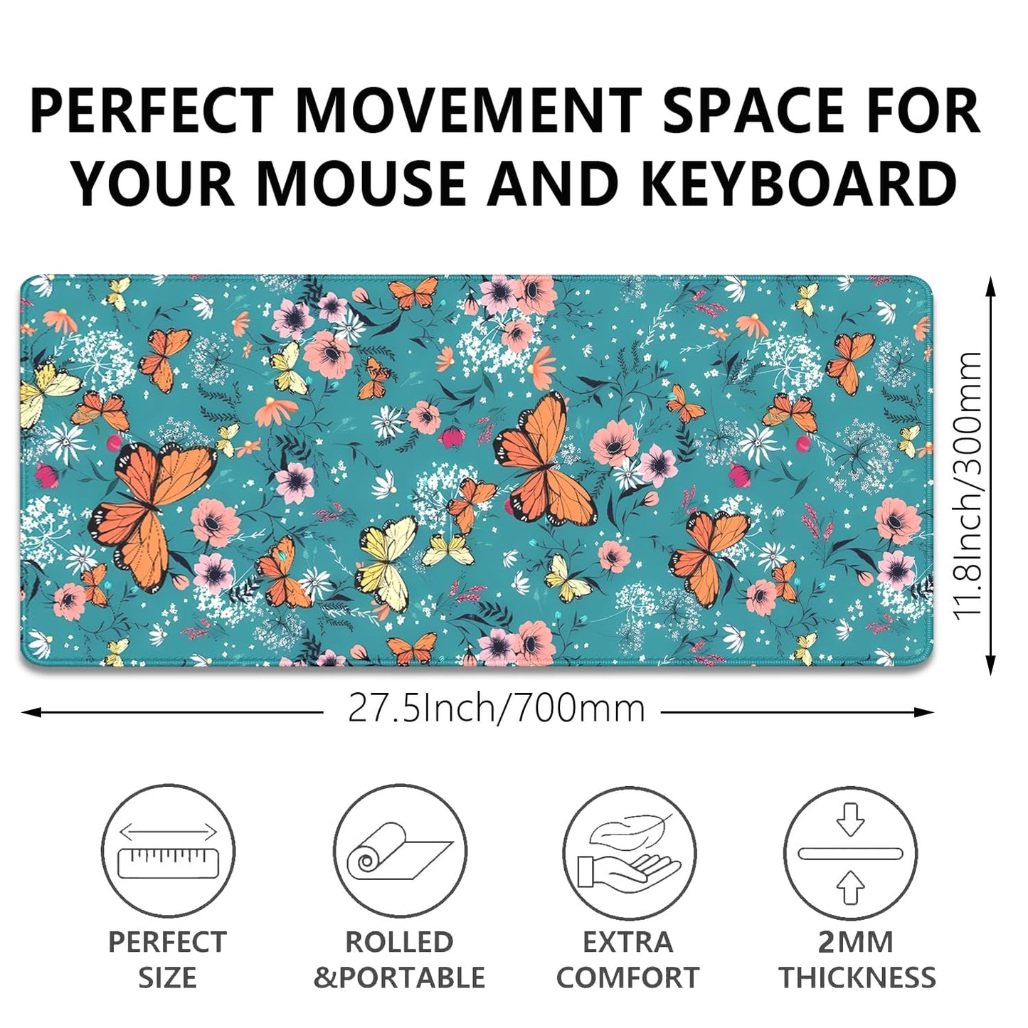 Colorful Butterflies and Flowers Extended Desk Pad Mouse Pad,Stitched Edges Non-Slip Rubber Base XL