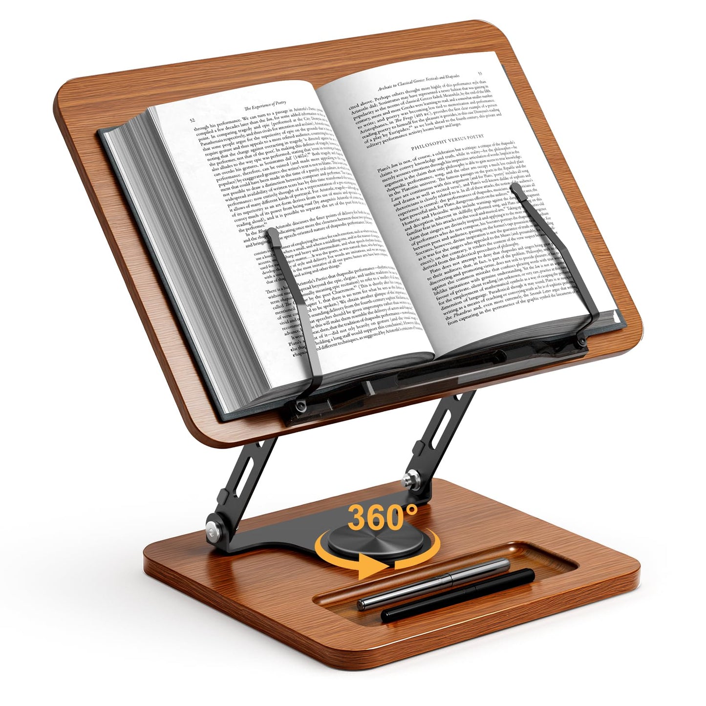 OPTIXCELL Book Stand for Reading, 360° Rotating Book Holder, Page Clips