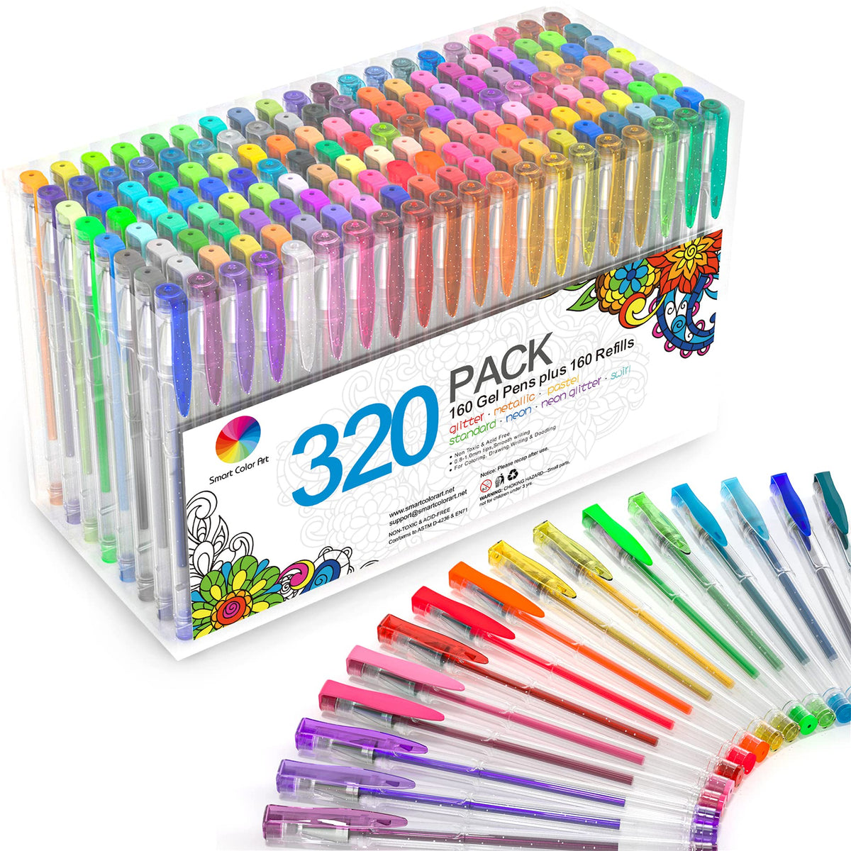Smart Color Art 320 Pack Gel Pens Set, 160 Colors Gel Pen with 160 Refills for Adult Coloring Books