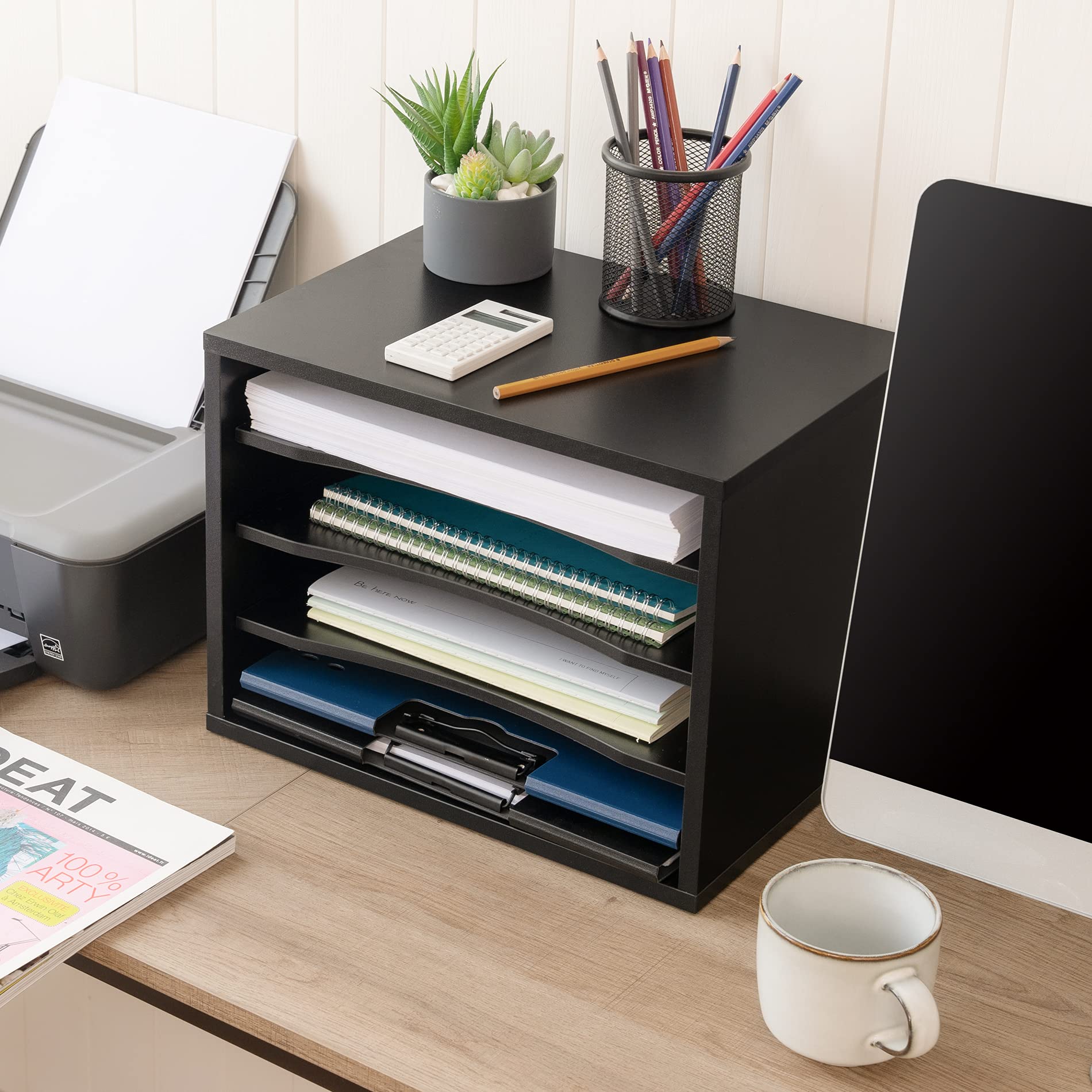 FITUEYES Wood Desk Paper Organizer for Home Office, Black