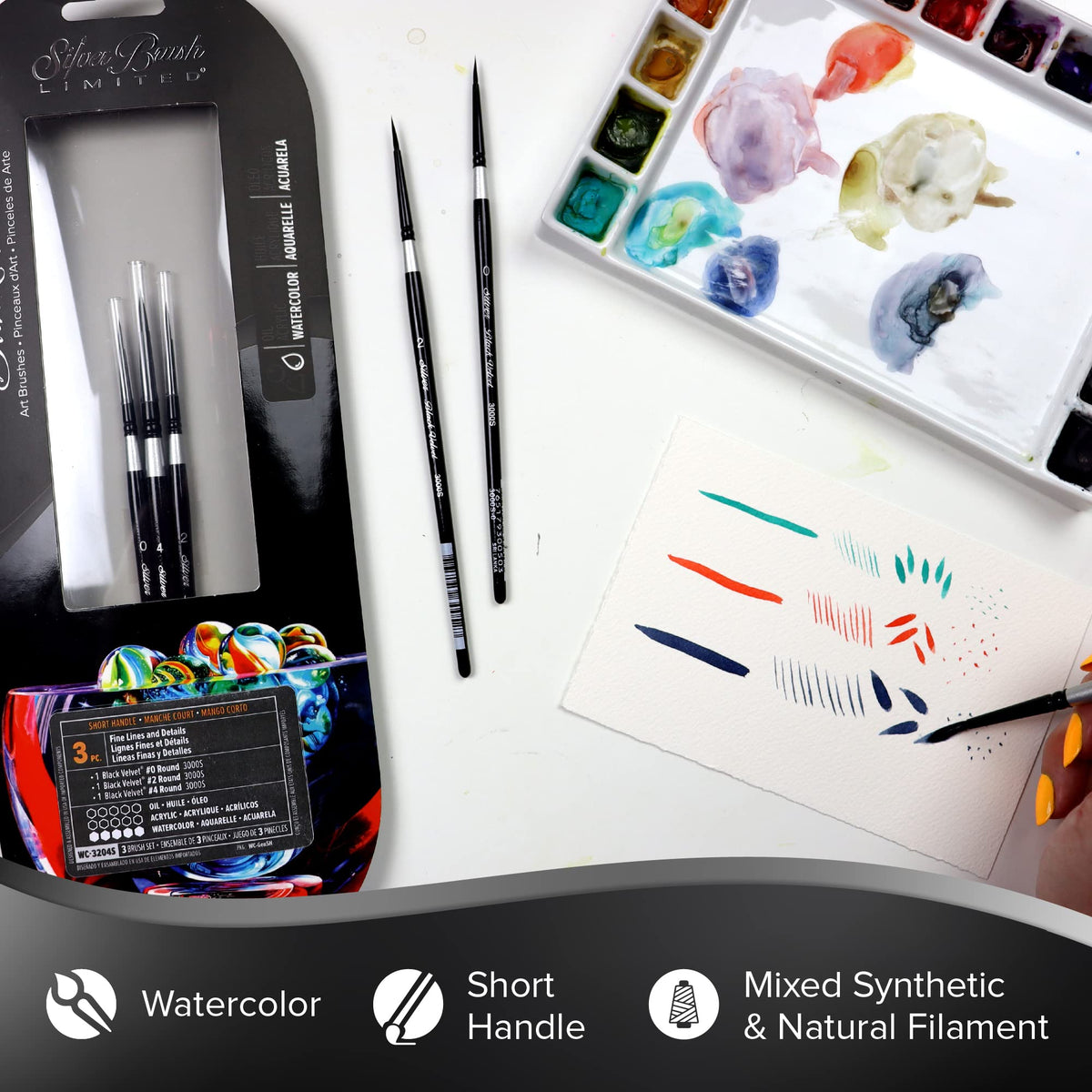 Silver Brush Limited Black Velvet Watercolor Round Paintbrush Set, 3pc