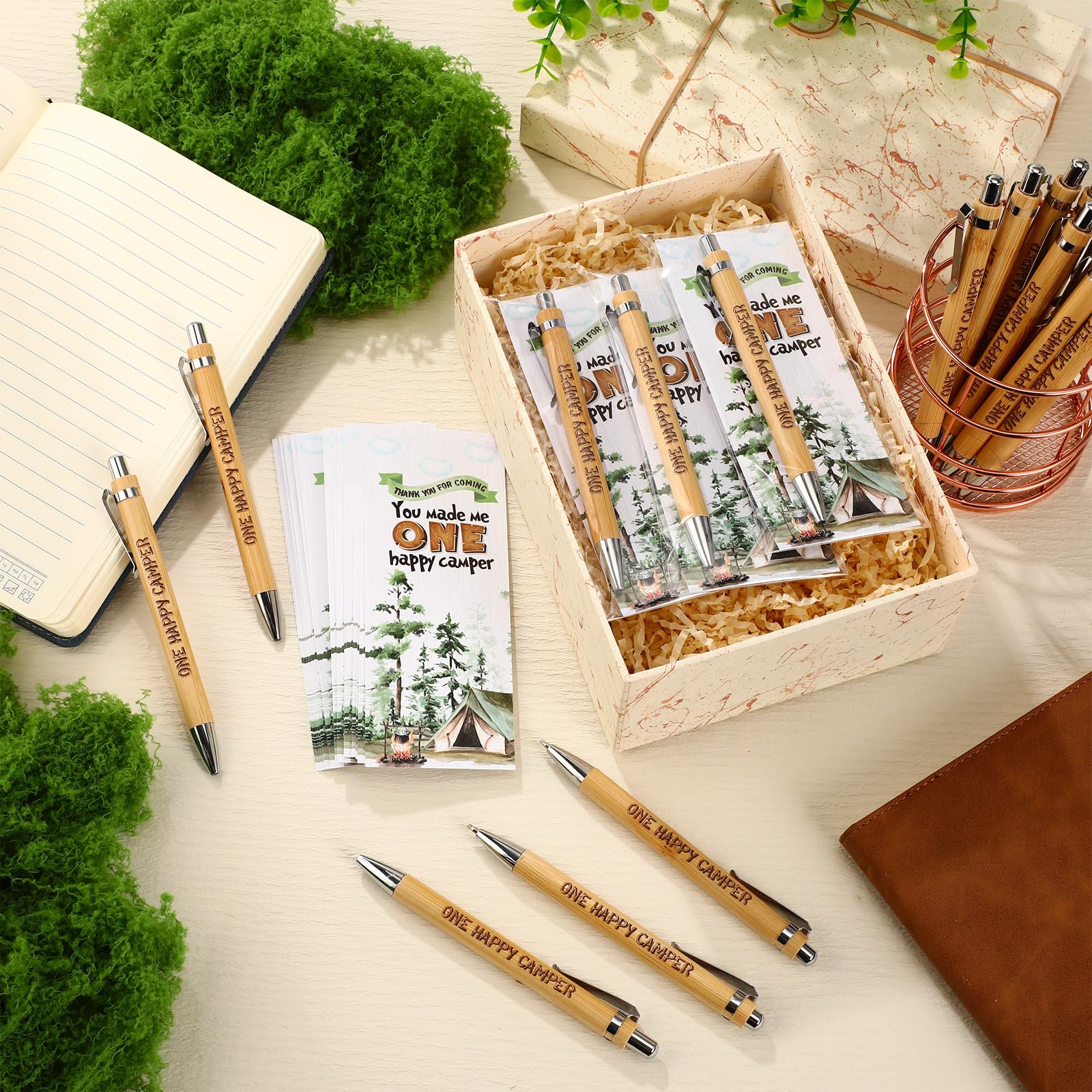 Spakon 24 Sets One Happy Camper Favors Pens Bamboo Pens with Bookmarks