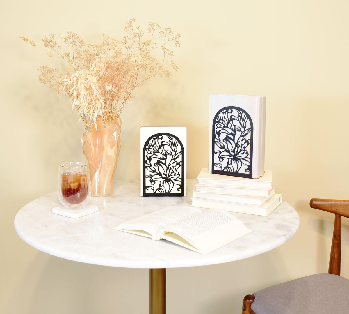 CNK Premium Bookends for Home Office, Heavy Books, Decorative Book Stoppers, Lily Flower Black