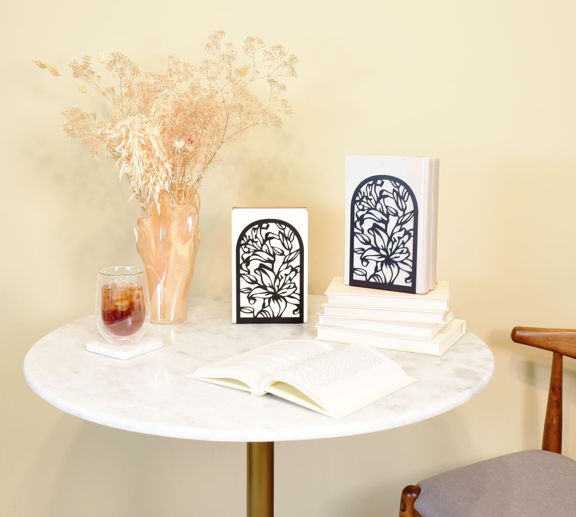 CNK Premium Bookends for Home Office, Heavy Books, Decorative Book Stoppers, Lily Flower Black