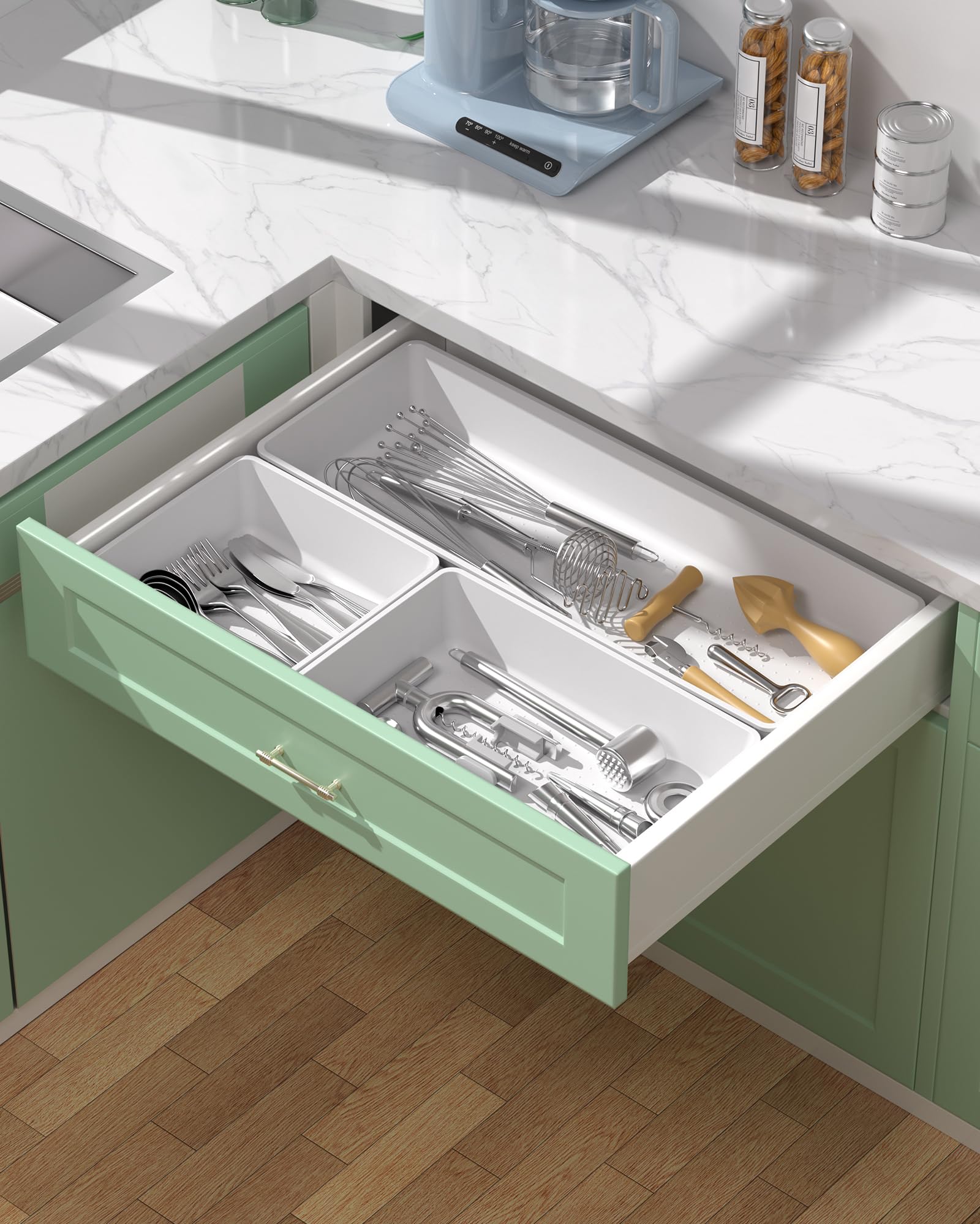 MLIKLU 10 Pack Large Size Plastic Drawer Organizers Set, 3 Sizes Desk Drawer Organizer Trays