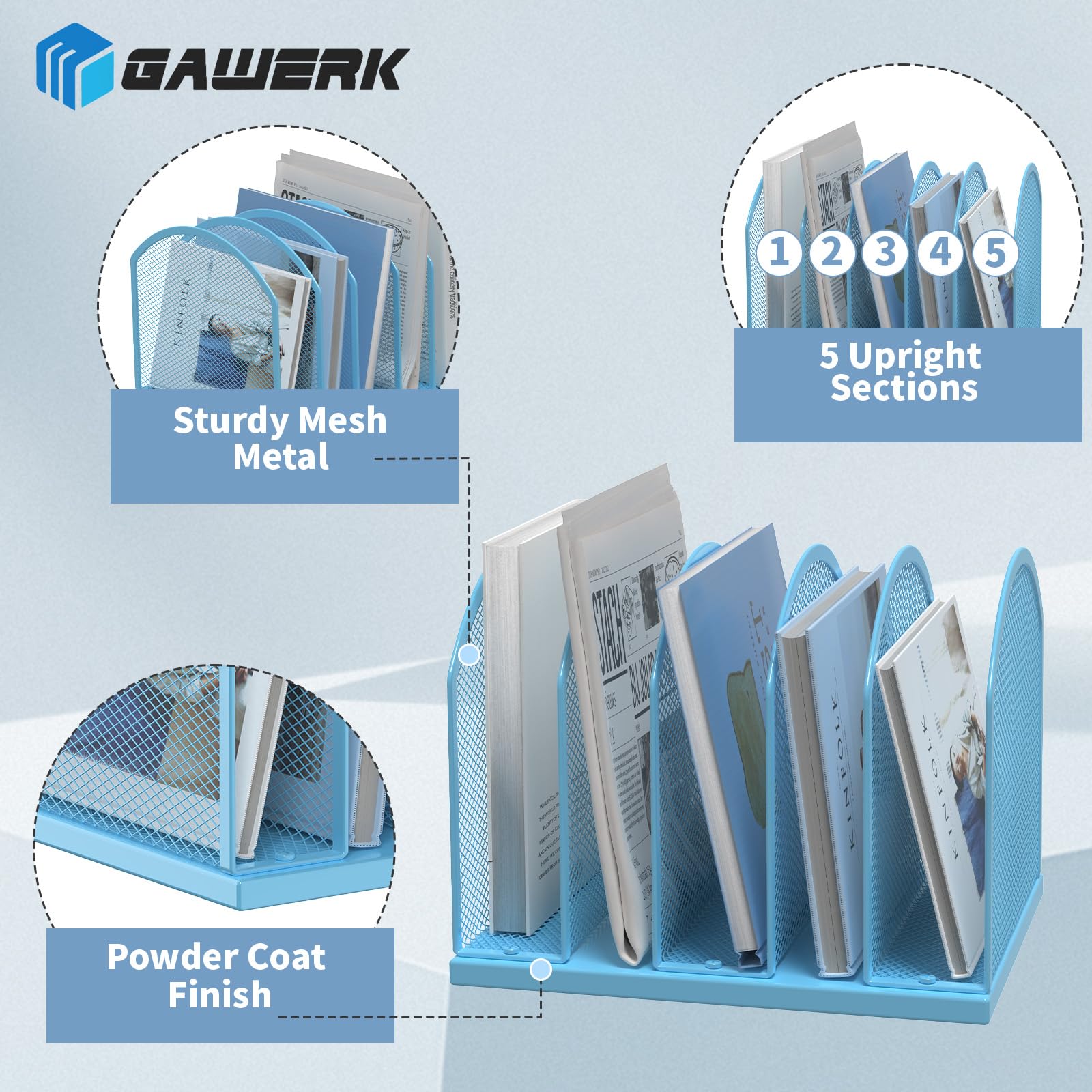 Gawerk 5-Section Vertical Desktop Organizer, 5-Section Mesh File Folder Stand Sorter for Office