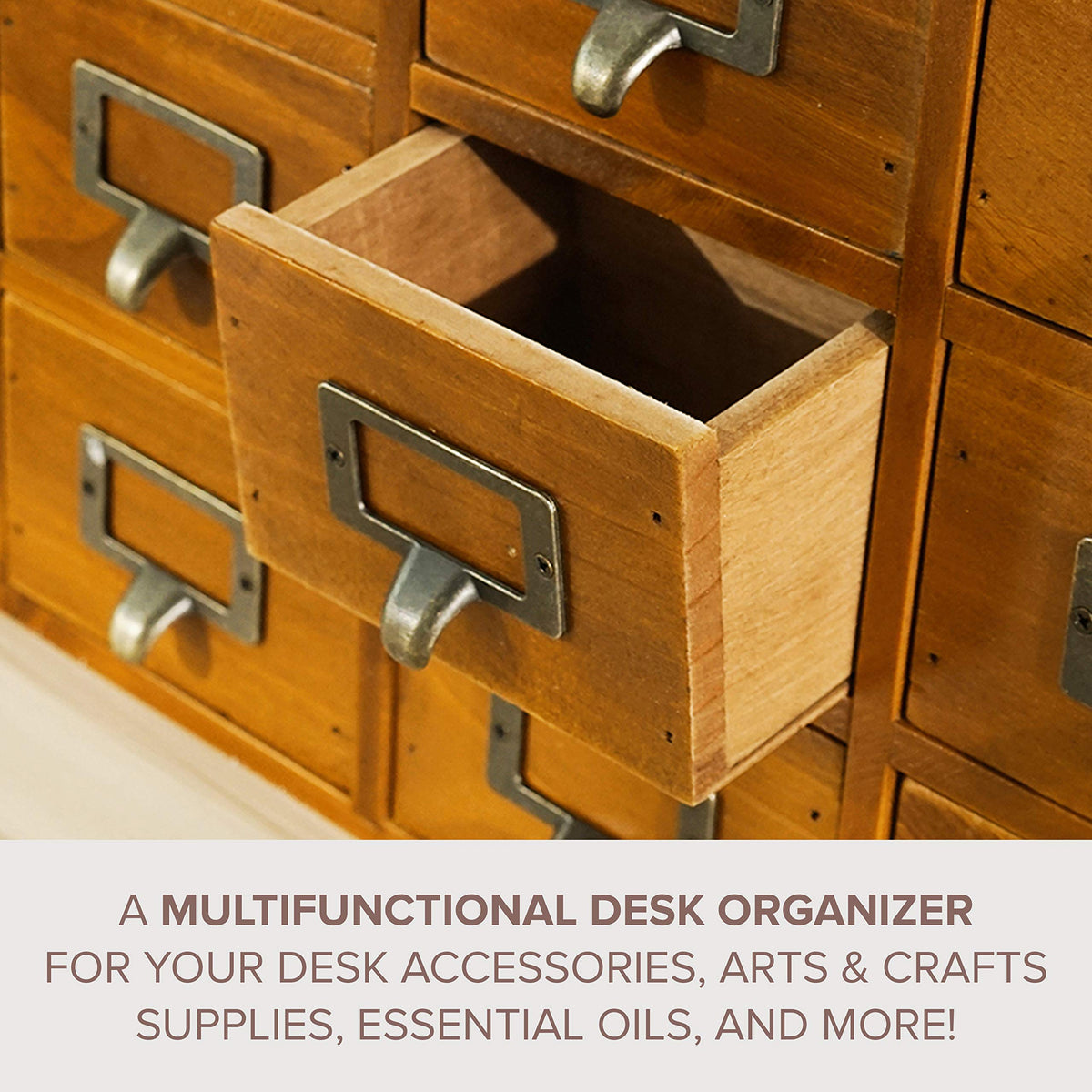 Card Catalog Desk Drawer Organizer - Wooden Storage Box with 16 Drawers - Home Office Desk