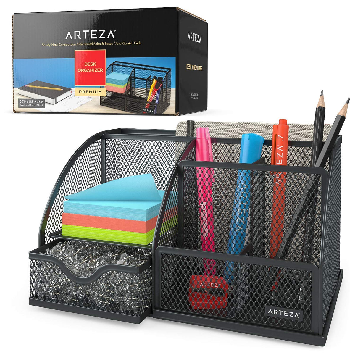 Arteza Mesh Metal Office Desk Organizer with Drawer, 6-Compartment Multi-Functional Design Holds