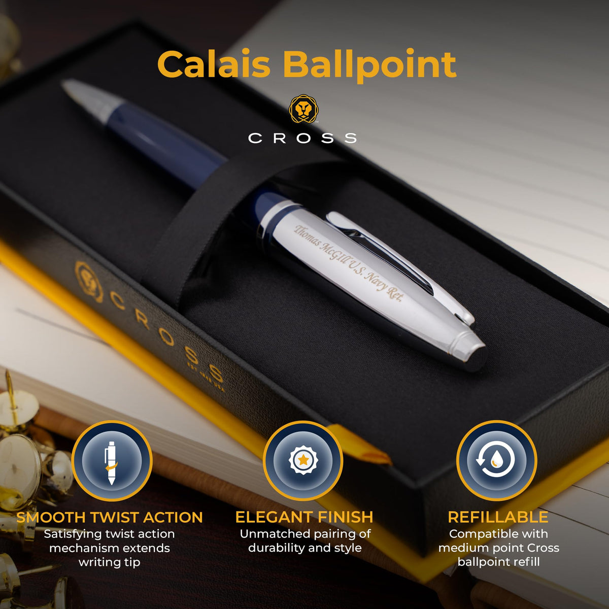 Cross Calais Personalized Ballpoint Pen in Blue Lacquer with Chrome Cap