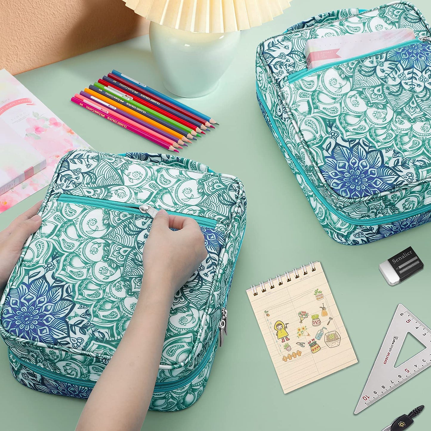 FINPAC Pencil Case Holder Slot, Large MultiLayer Watercolor Pen Bag w/Zipper Front Pocket, Big