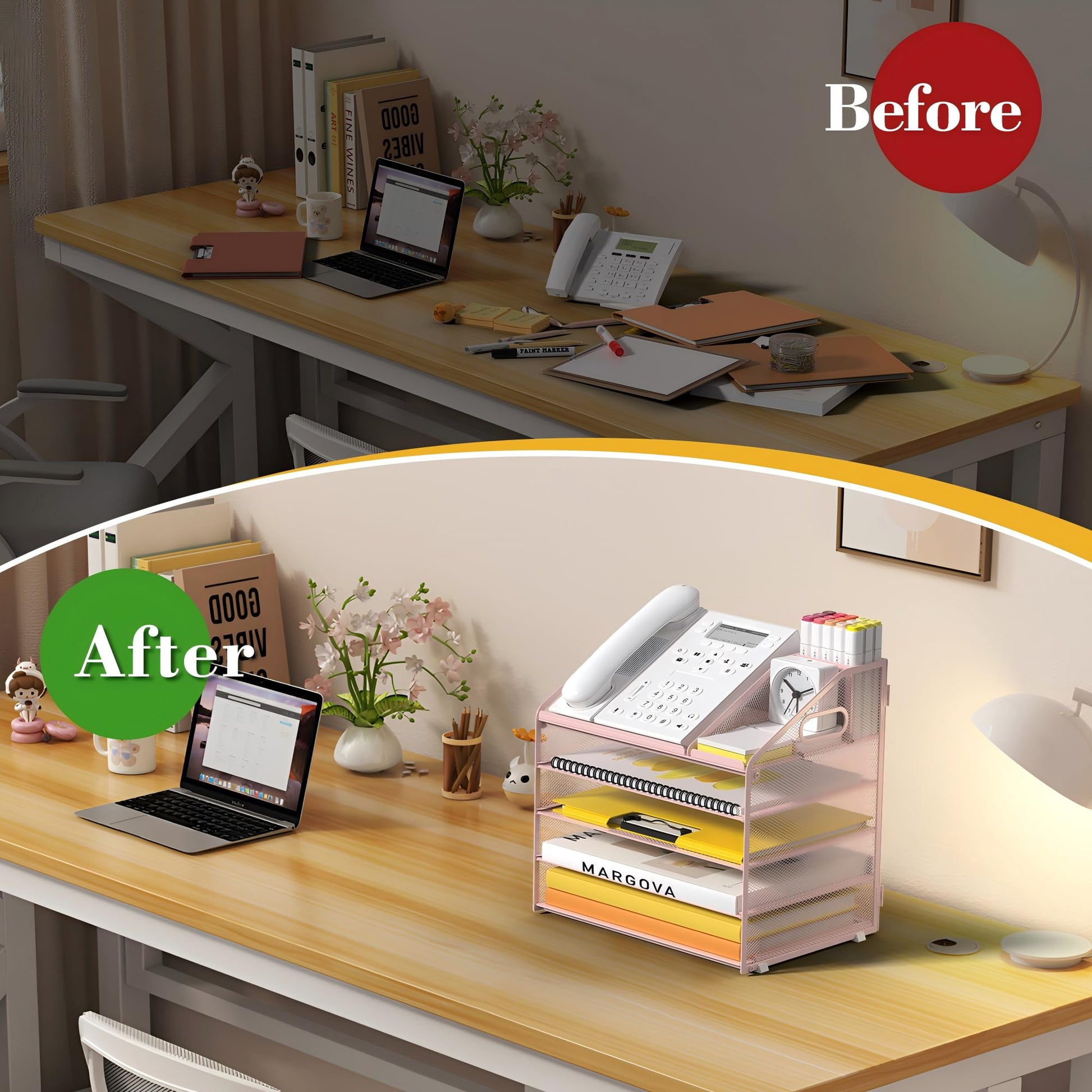 OrgMate 5 Tier Mesh Desk Organizer with Pen Holder and Handle Letter Tray