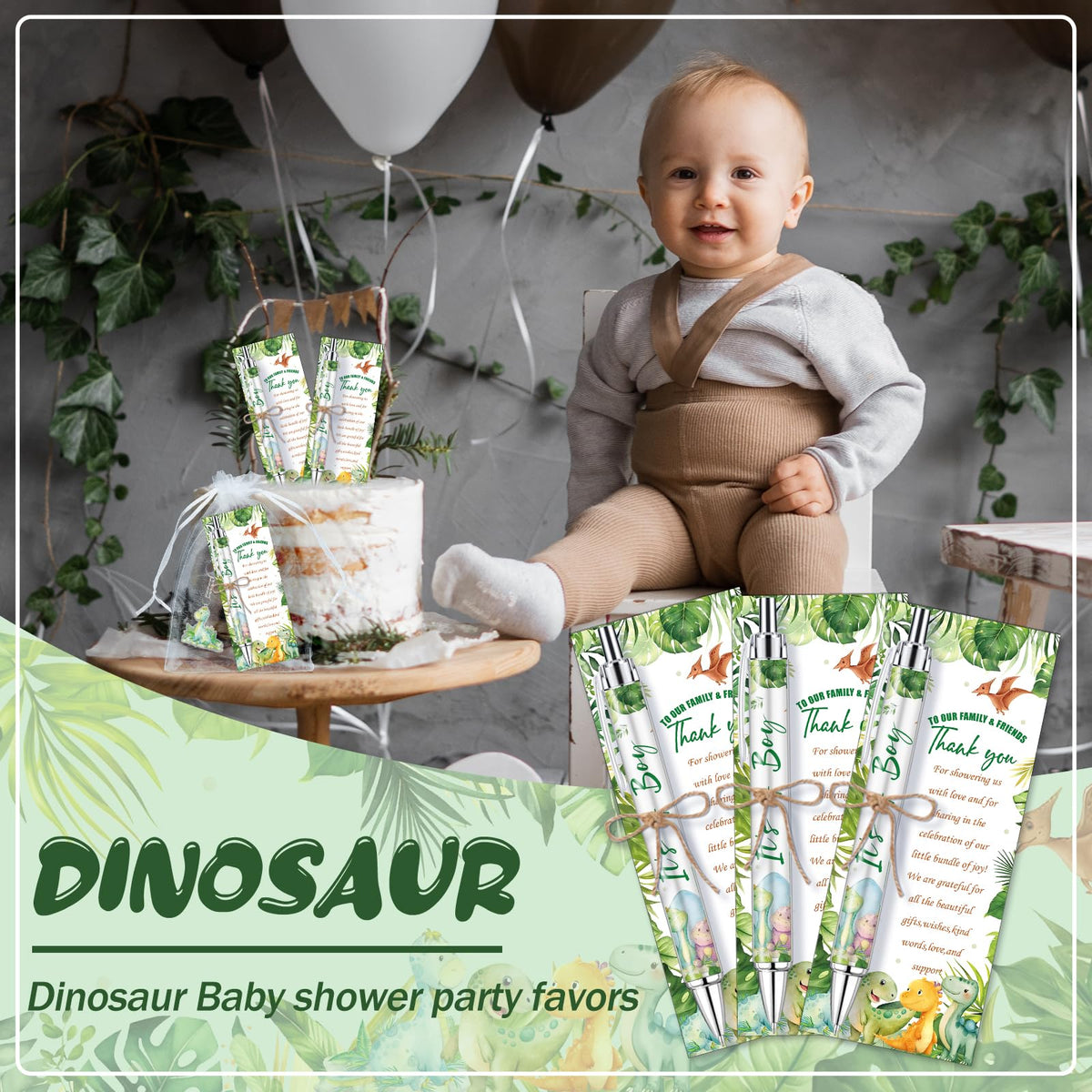 EYNDYN 145 Pieces Dinosaur Baby Shower Favors for Guest It's a Boy Ballpoint Pens and Keychains