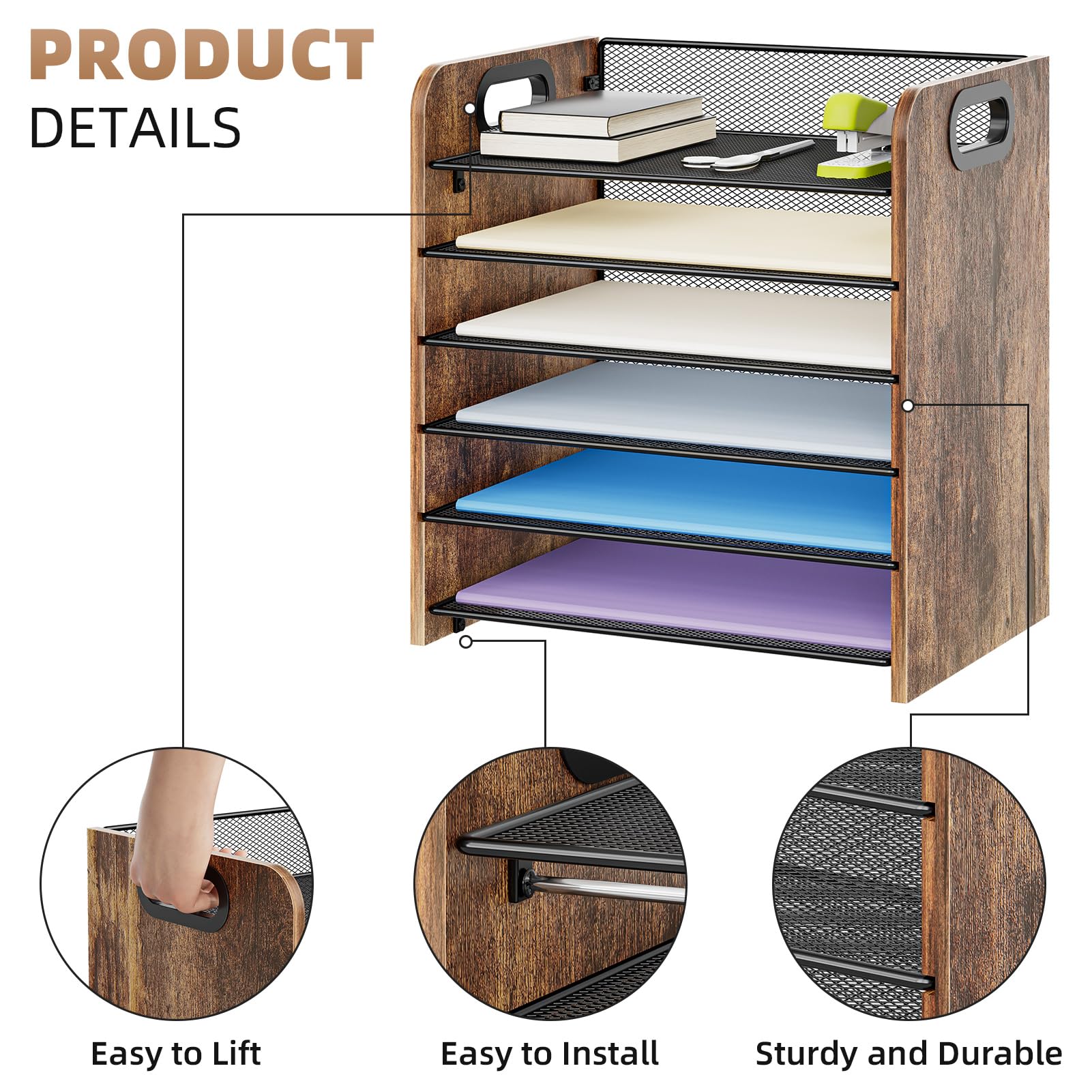 Marbrasse 6 Tier Paper Organizer Letter Tray - Wooden Desk File Organizer with Handle, Paper Sorter