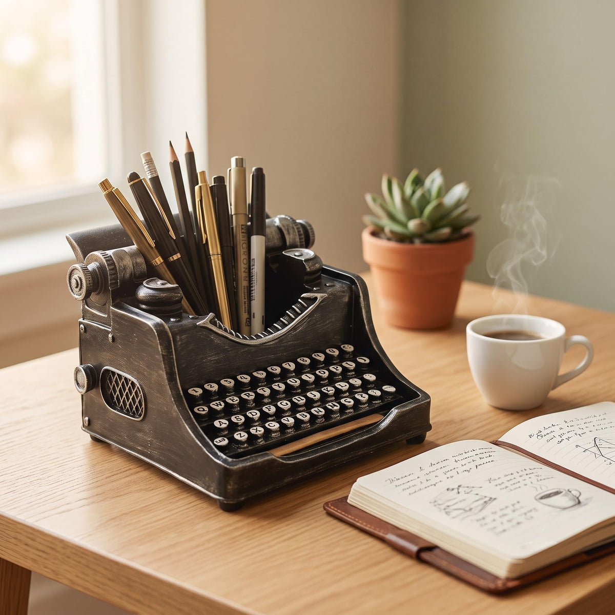 Vintage Typewriter Pencil Holder for Desk – 4.5" Retro Pen Organizer Holds 30+ Pens, Heavy Resin