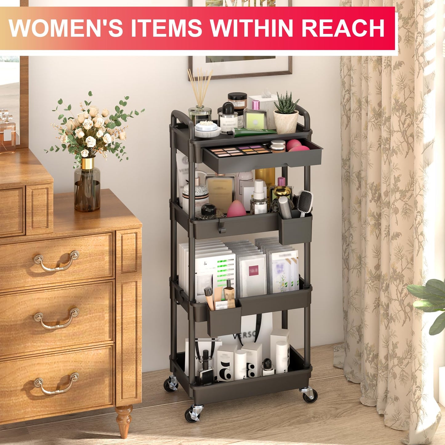Goovilla 4 Tier Rolling Utility Cart Organizer with Removable Drawer, Black