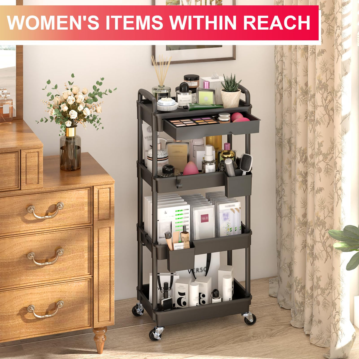 Goovilla 4 Tier Rolling Utility Cart Organizer with Removable Drawer, Black