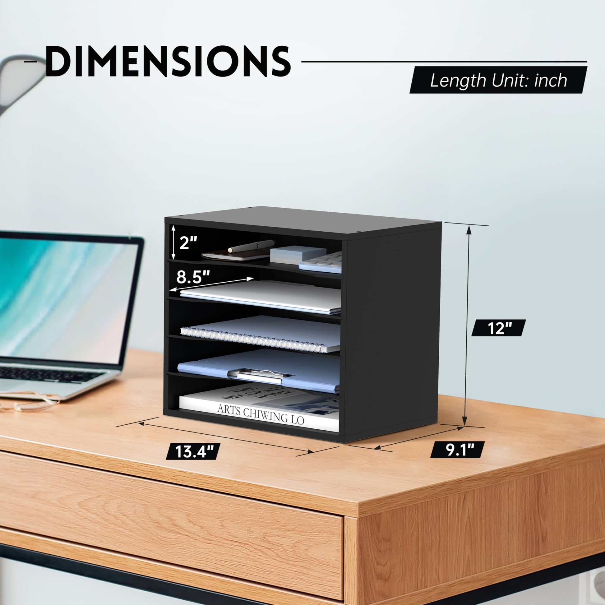 5 Tier Wood Desk Organizer, Mail Sorter and Paper Organizer for Desk, Black