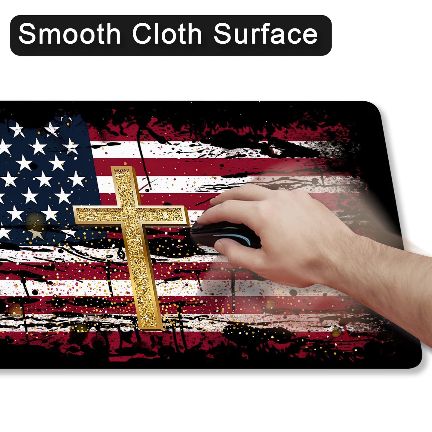 AOWULA Desk Mat,American Flag Jesus Cross Mouse Pad Large Gaming for Desk,Non-Slip Rubber Base