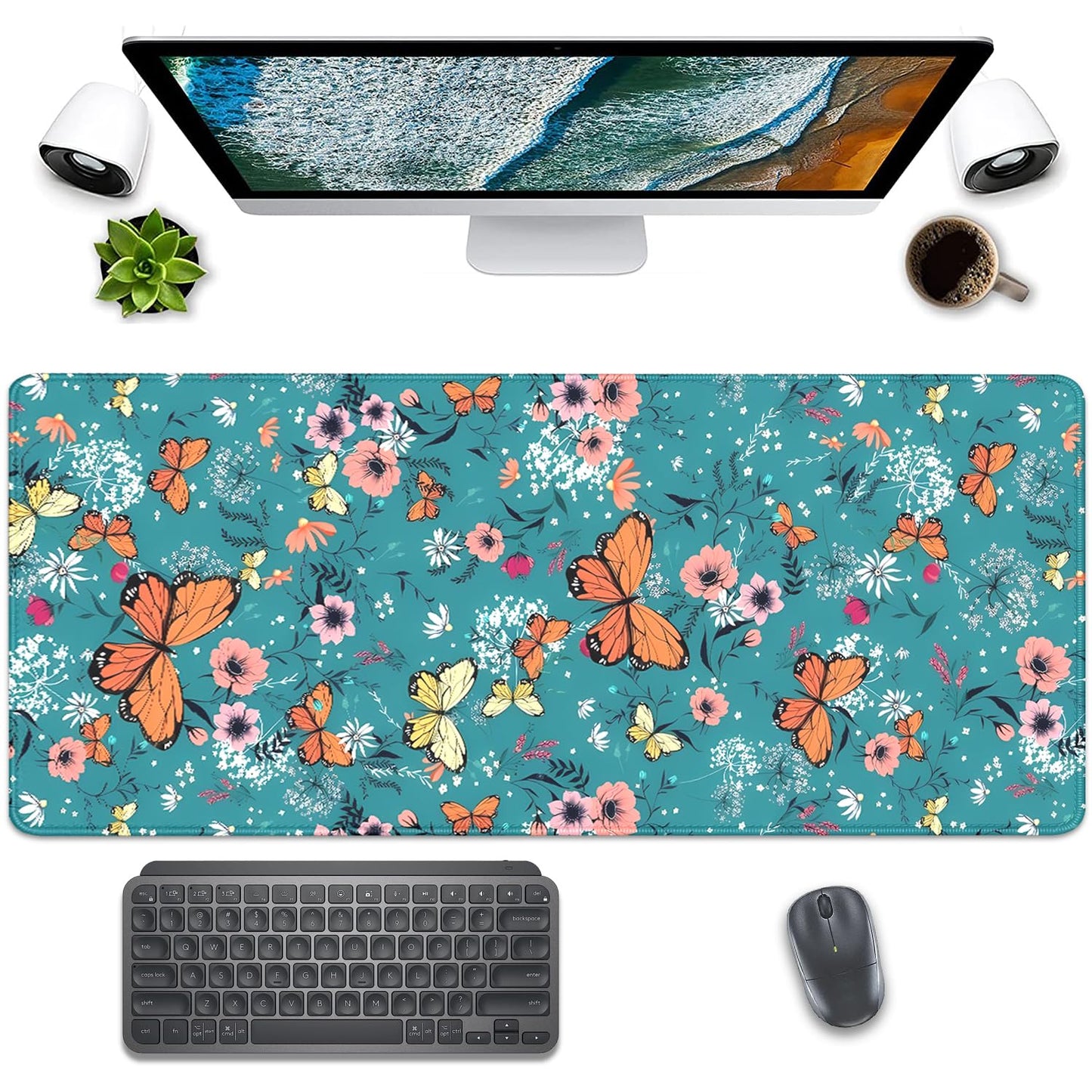 Colorful Butterflies and Flowers Extended Desk Pad Mouse Pad,Stitched Edges Non-Slip Rubber Base XL
