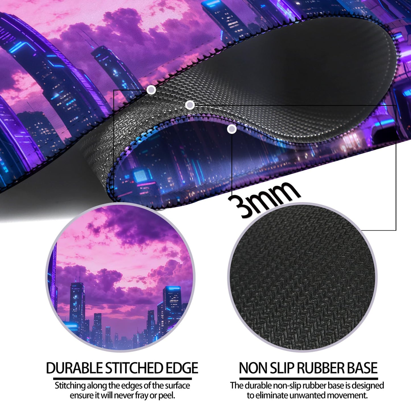 JIANG100 Cyberpunk City Scene Gaming Desk Mat, Extended Mouse Pad, Purple