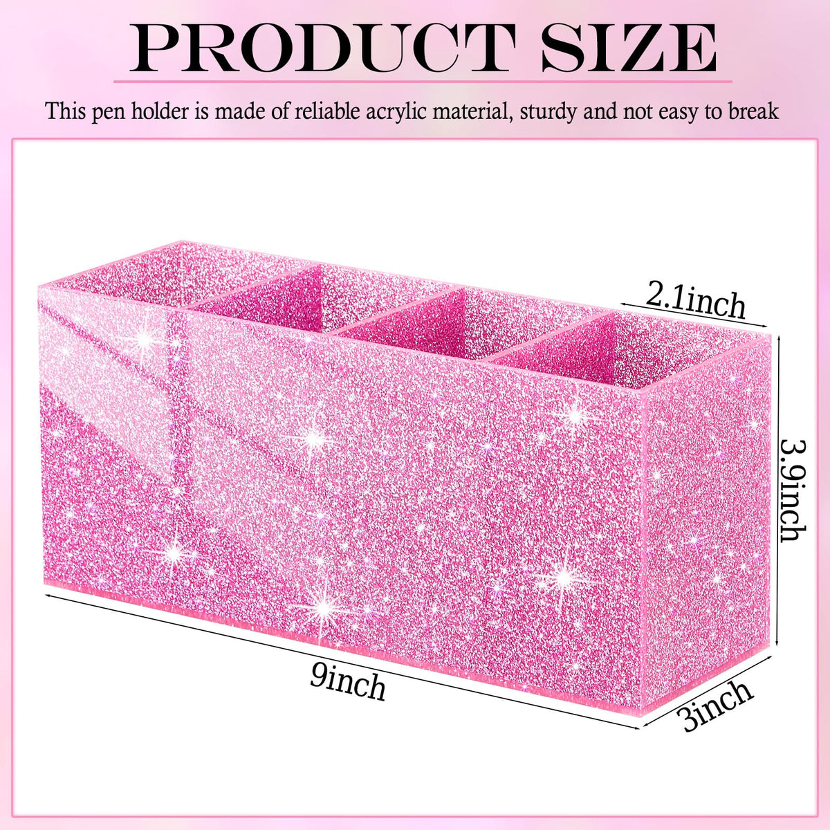 Jetec Acrylic Pen Holder for Girl Desktop, 4 Compartments, Sparkly Pink