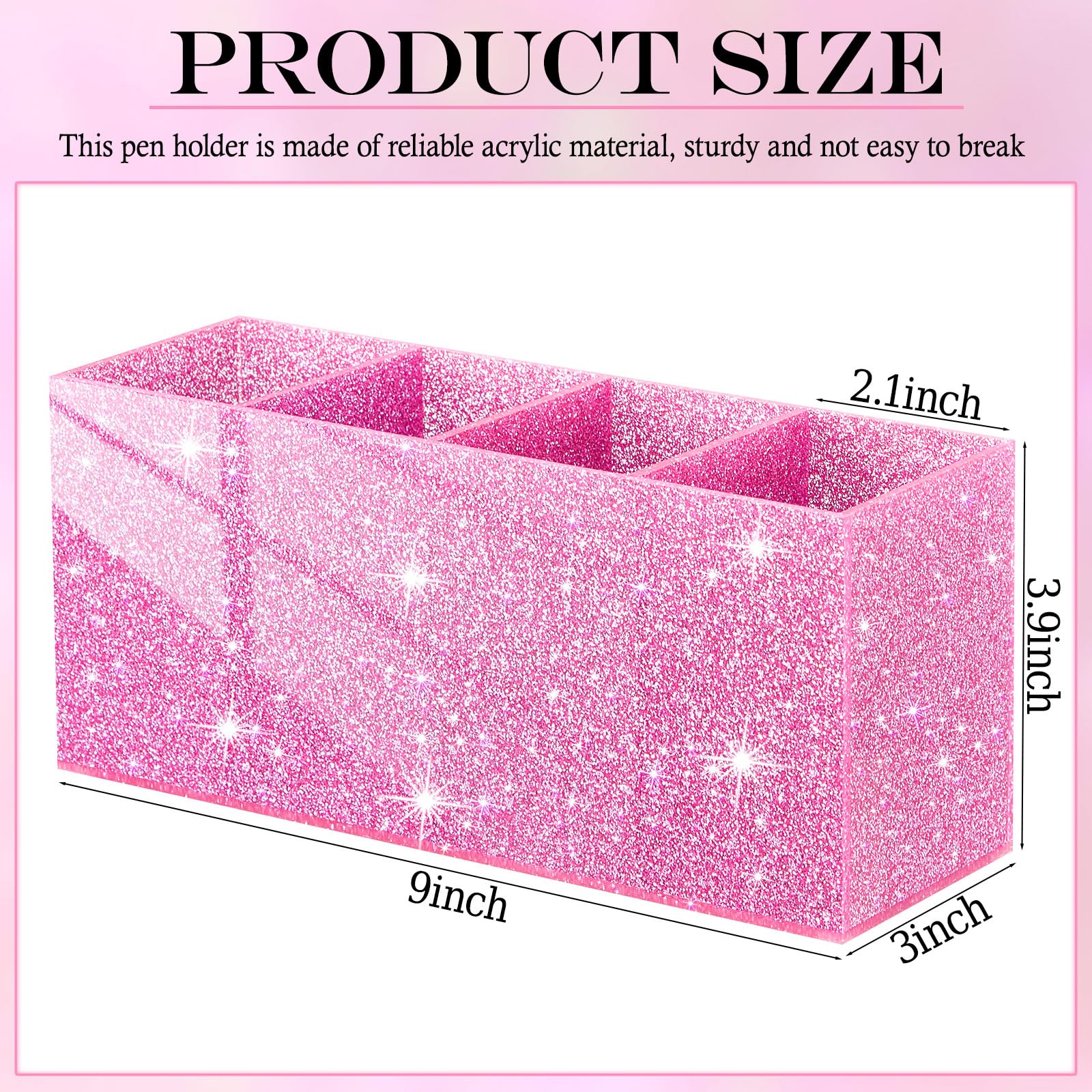 Jetec Acrylic Pen Holder for Girl Desktop, 4 Compartments, Sparkly Pink