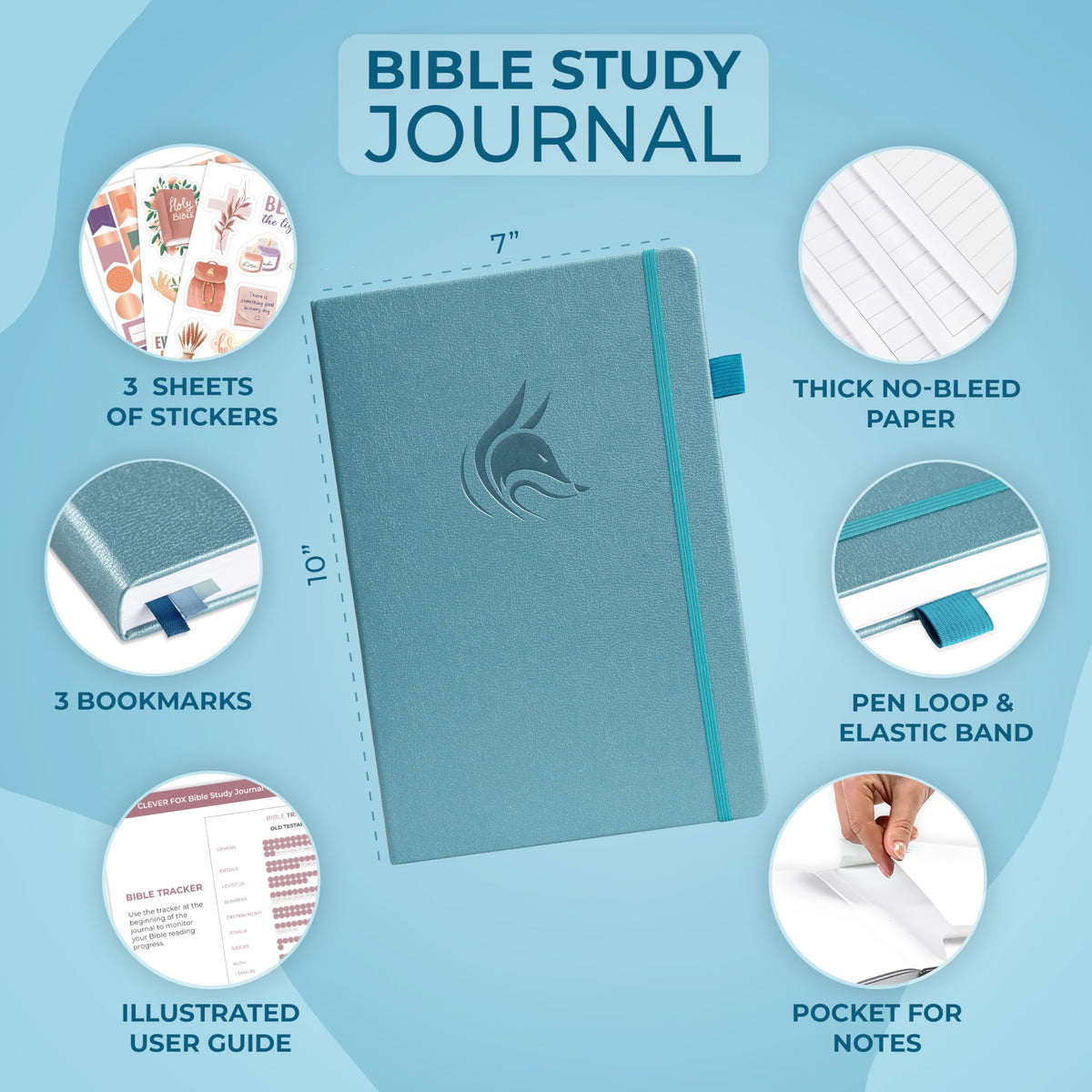Clever Fox Bible Study Journal, Guide, Supplies for Women 7x10 Aquamarine