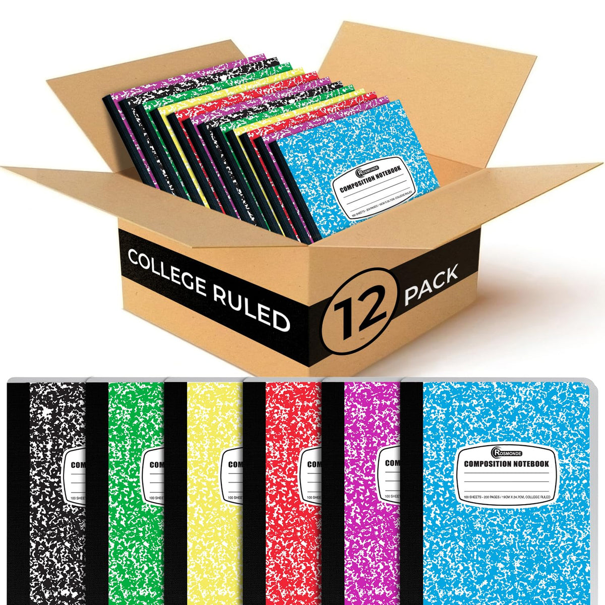 Rosmonde 12 Pack Bulk Composition Notebooks College Ruled, Assorted Colors
