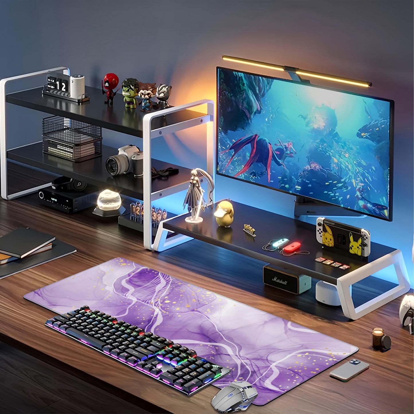 Watercolor Purple Marble Desk Mat,Large Violet Marble Texture Gaming Keyboard Mouse Pad,Non-Slip