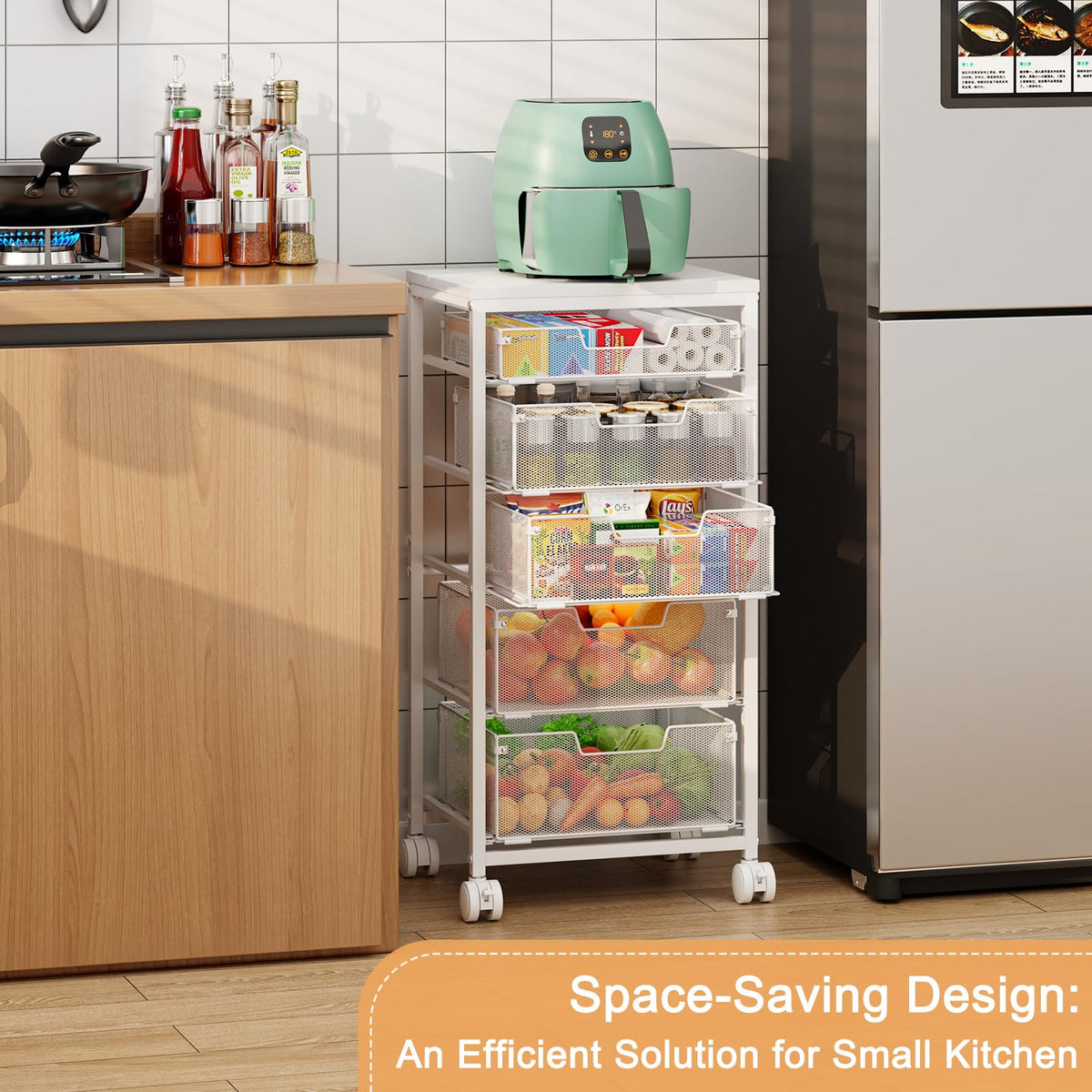 Kitchen Storage Cart with Wheels, 5-Tier Fruit Vegetable Storage Cart, Kitchen Organizer and