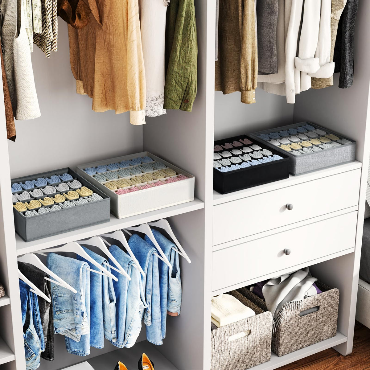 Easortm Sock Organizer 4 Pack, Foldable Underwear Drawer Organizer - 24 Cell for Socks