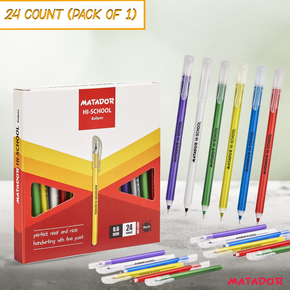 Matador HI-SCHOOL Ballpen, Fine-Point (0.6 mm), Black Ink, 6 different Colorful Bodies, Round