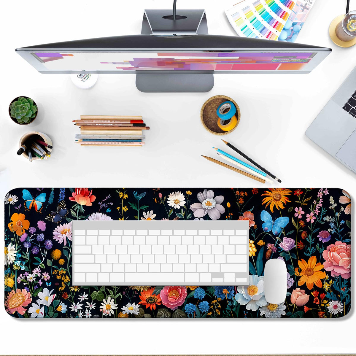 AYKDTFN Butterfly Flowers Gaming Mouse Pad, Extended Large Floral Plant Desk Mat, Computer Keyboard